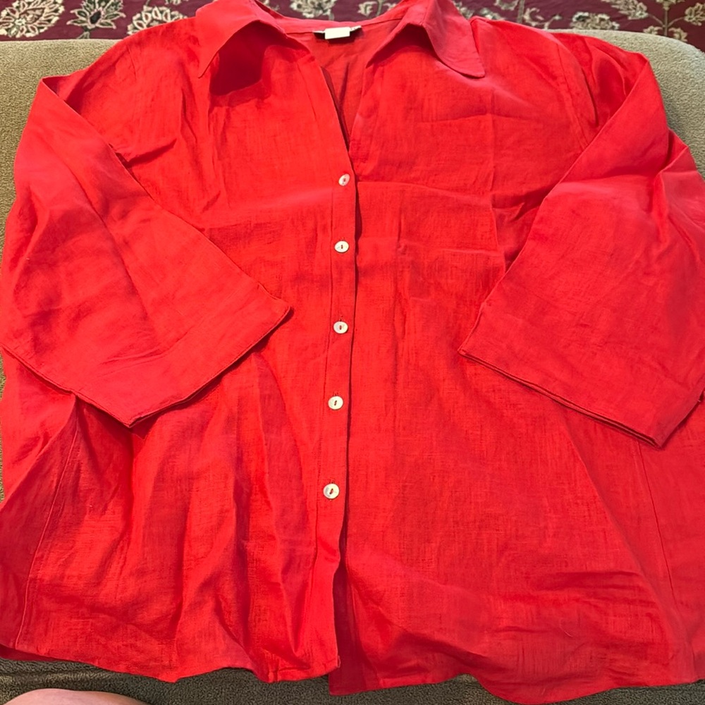 David N Shirt Women’s Size 1X Red 100% Linen 3/4 Sleeve Button Up Top (TD)